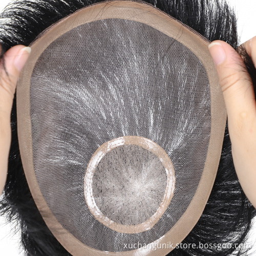Uniky Stock human hair toupee hair replacement men's wigs lace base with poly around ready for shipment